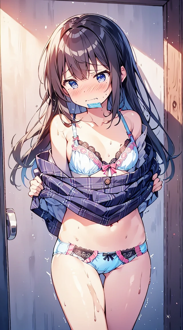 masutepiece, Best Quality,Illustration, Wallpaper, Ultra Detail, Little Face Lori、(((molesting)))、((embarrassed:1.3))、(Teary-eyed:1.5)、(((Cute underwear)))、ample breasts、cherry-colored areola、Long hair