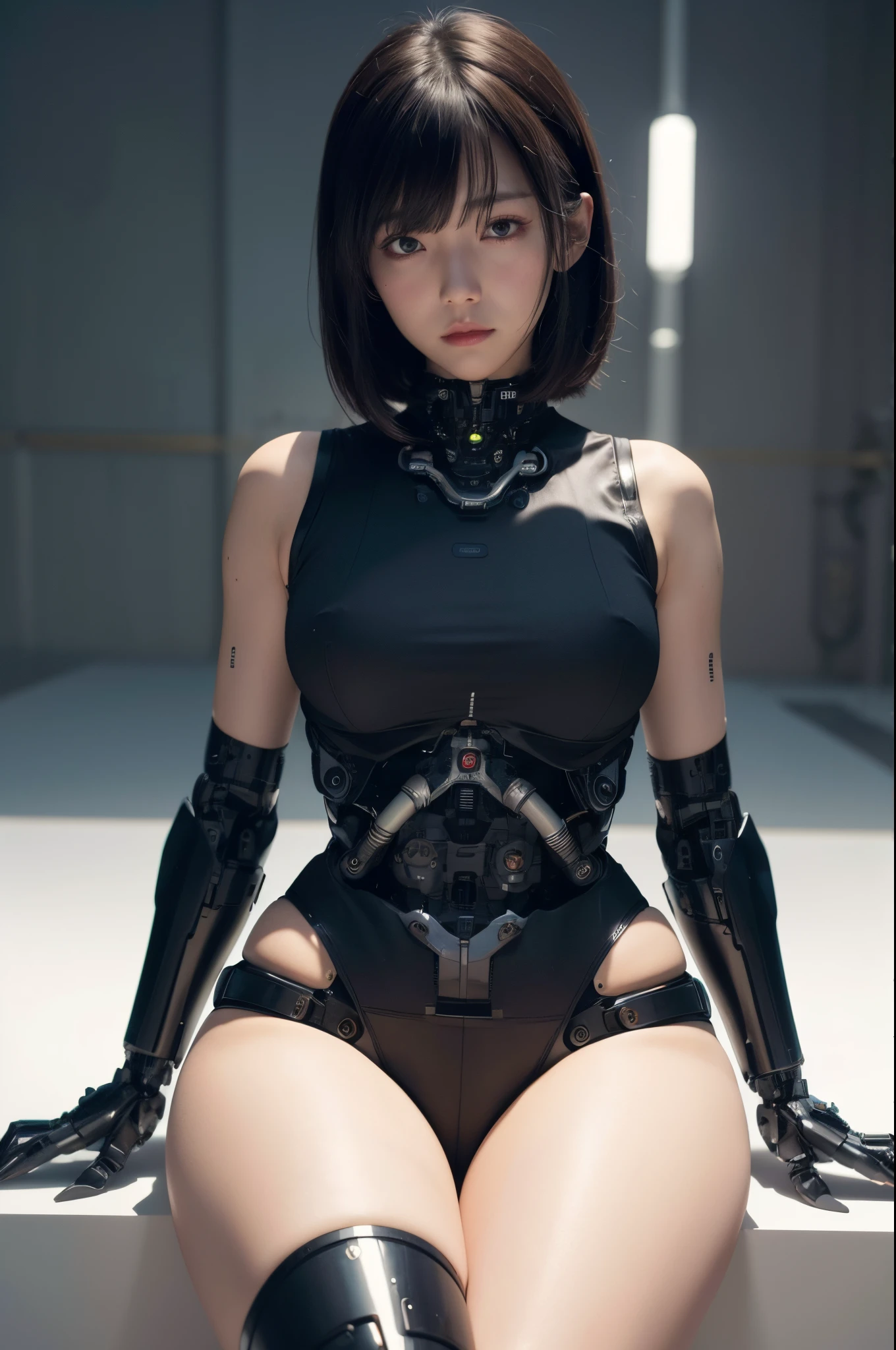 masutepiece, Best Quality, Extremely detailed, (Photorealistic:1.4), (8K, 4K, Best Quality, hight resolution, 超A high resolution:1.1), 8K portrait,1girl in, Japaese Cyborg Girl,Plump , announcer,control panels,android,Droid,Mechanical Hand, , Robot arms and legs, Black Robot Parts,Black hair,Mechanical body,Blunt bangs,White Robotics Parts,perfect robot woman,The laboratory of the future,cyberpunked,Charging spot,laboratory,Long Tube,A thick cable was connected to her neck.,ceramic body ,Mechanical body, mechanical ear covers,android,robot humanoid,loose boots,dark black tights,Miniskirt,a bit chubby,panty,full eyes,