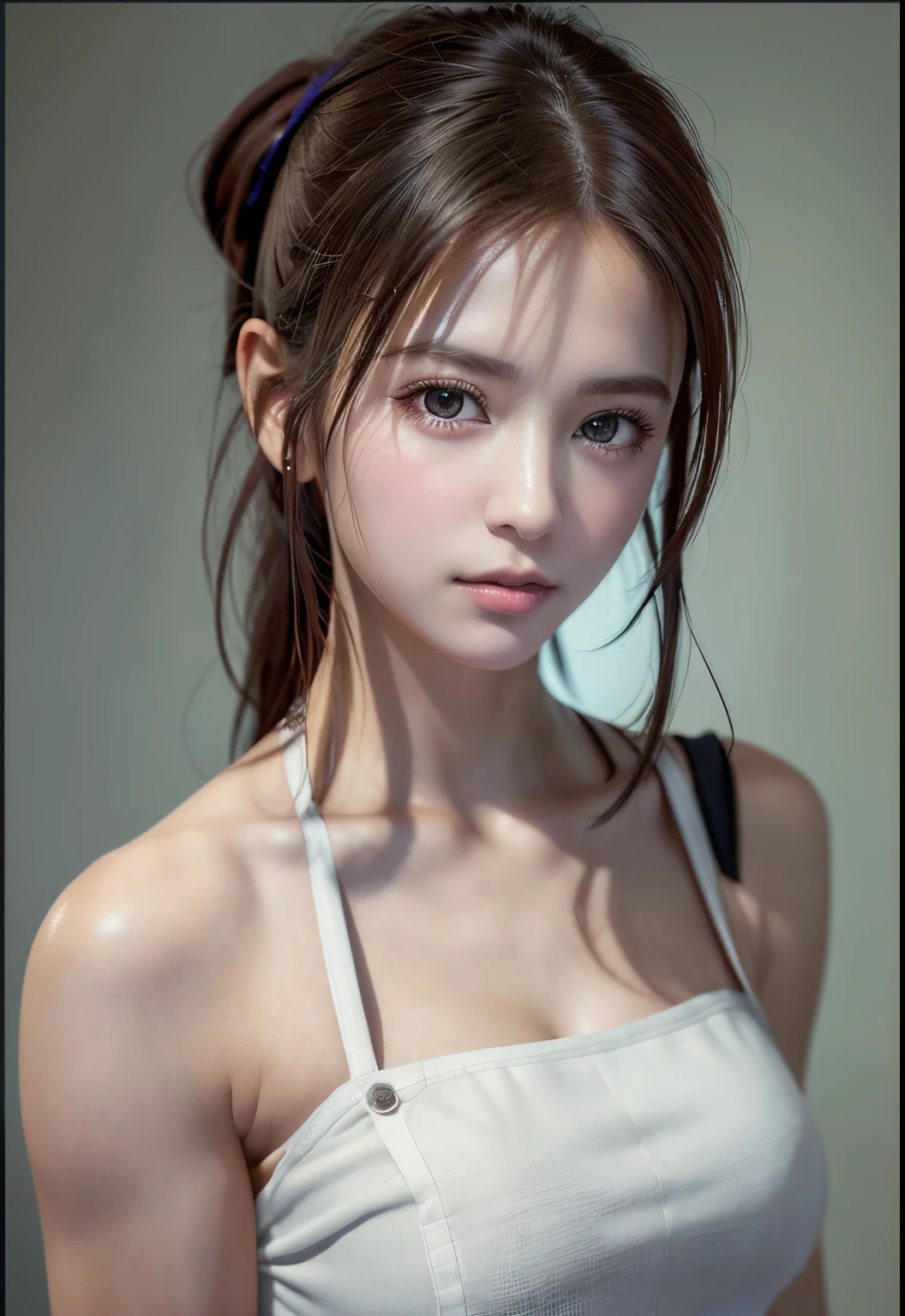 8K, of the highest quality, masutepiece:1.2), (Realistic, Photorealsitic:1.37), of the highest quality, masutepiece, Beautiful young woman, Pensive expression, Gentle eyes, Apron naked、full of shyness、Hair tied back, Messy mood, Cinematic background,  Light skin tone