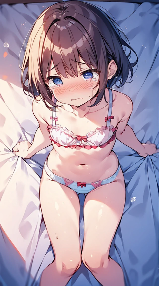masutepiece, Best Quality,Illustration, Wallpaper, Ultra Detail, Little Face Lori、(((molesting)))、((fear:1.3))、(Teary-eyed:1.5)、(((Cute underwear)))、ample breasts、Cherry-colored nipples、short-hair