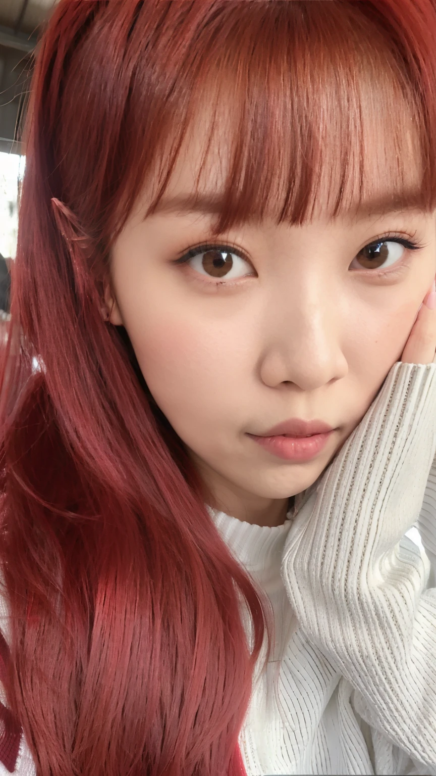 cropped woman with red hair and a white sweater posing for a photo, Chiho, Dom Yunjoo, Parque Ji-min, Lalisa Manobal, Yoshitomo Nara, Sobre Ishida, Heonhwa Choe, Narumi Kakinouchi, O corte Hime, jossi do blackpink, Kim Doyoung