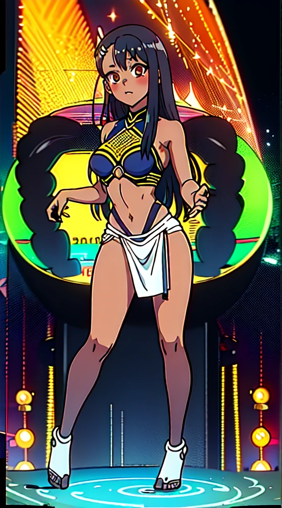 nagatoro hayase, hair ornament, brown eyes, hairclip, (dark skin):1.3, black hair, (gyaru bimbo), thin toned body, long legs, thick thighs, big butt, narrow waist, wide hips, beautiful detailed face, detailed body, detailed eyes, (long holographic skirt, neon bathsuit)