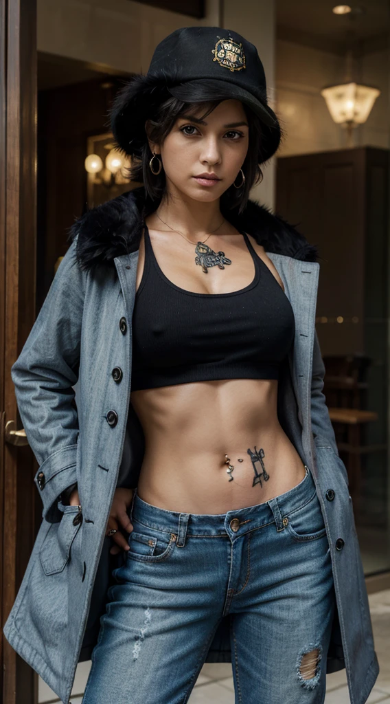 masterpiece, best quality, 8k,highestres, absurdres, extremely detailed, female trafalgar law, 1girl, 1sword, solo, looking at viewer, short hair, medium breasts, hat, navel, cleavage, collarbone, earrings, midriff, pants, coat, fur trim, denim, jeans, shoulder tattoo, hand tattoo, finger tattoo, black fur-trimmed coat, coat on shoulders, yellow tank top,///,