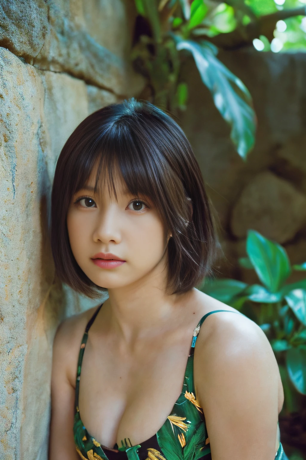 ((of the highest quality)),((masutepiece)),((Very beautiful)), Outstanding light and shadow, One girl, hair messy, Realistic skin texture, isolated wet rocky area, Tropical Plants, Feminine pose