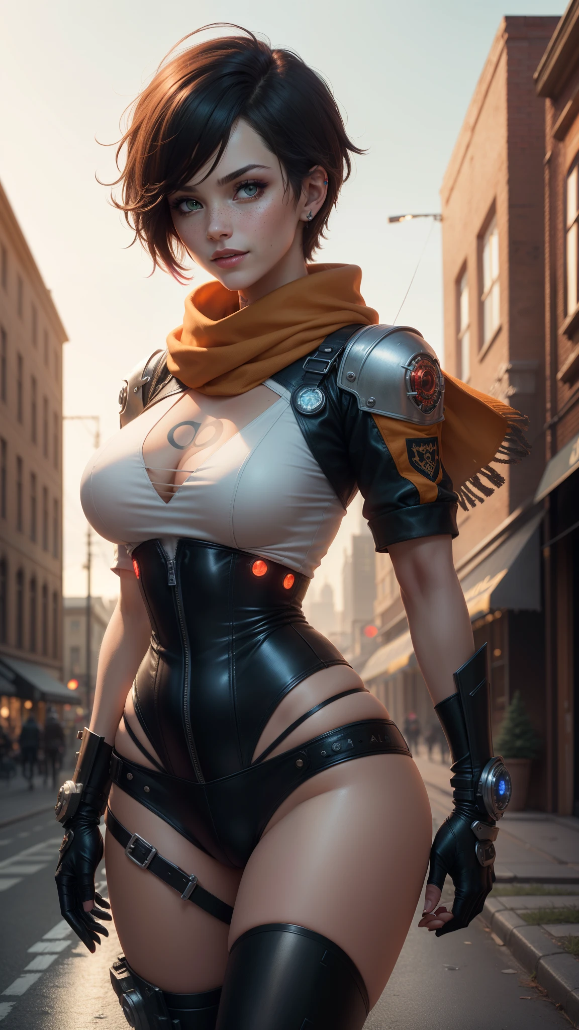 gwen tennyson,yorha 2b,tracer,rebecca chambers,overwatch,gundam,close up,christmas village,tattoos,orange plugsuit,short sleeve pilot leotard,short sleeve cyborg pilot jacket,orange sport leggings,mech pilot leather corset,short hair,punk makeup,green eyes,multicolored silver hair,sexy smile,freckles,beautiful girl,large breasts,8k,ultra detailed,realistic,fantasy art,steel armor,cyborg armor,steampunk armor,military pilot uniform,steampunk scarf,hair pin,ear piercings,christmas tree,punk hand and neck jewelry,walking,(weather:windy),arc reactor,