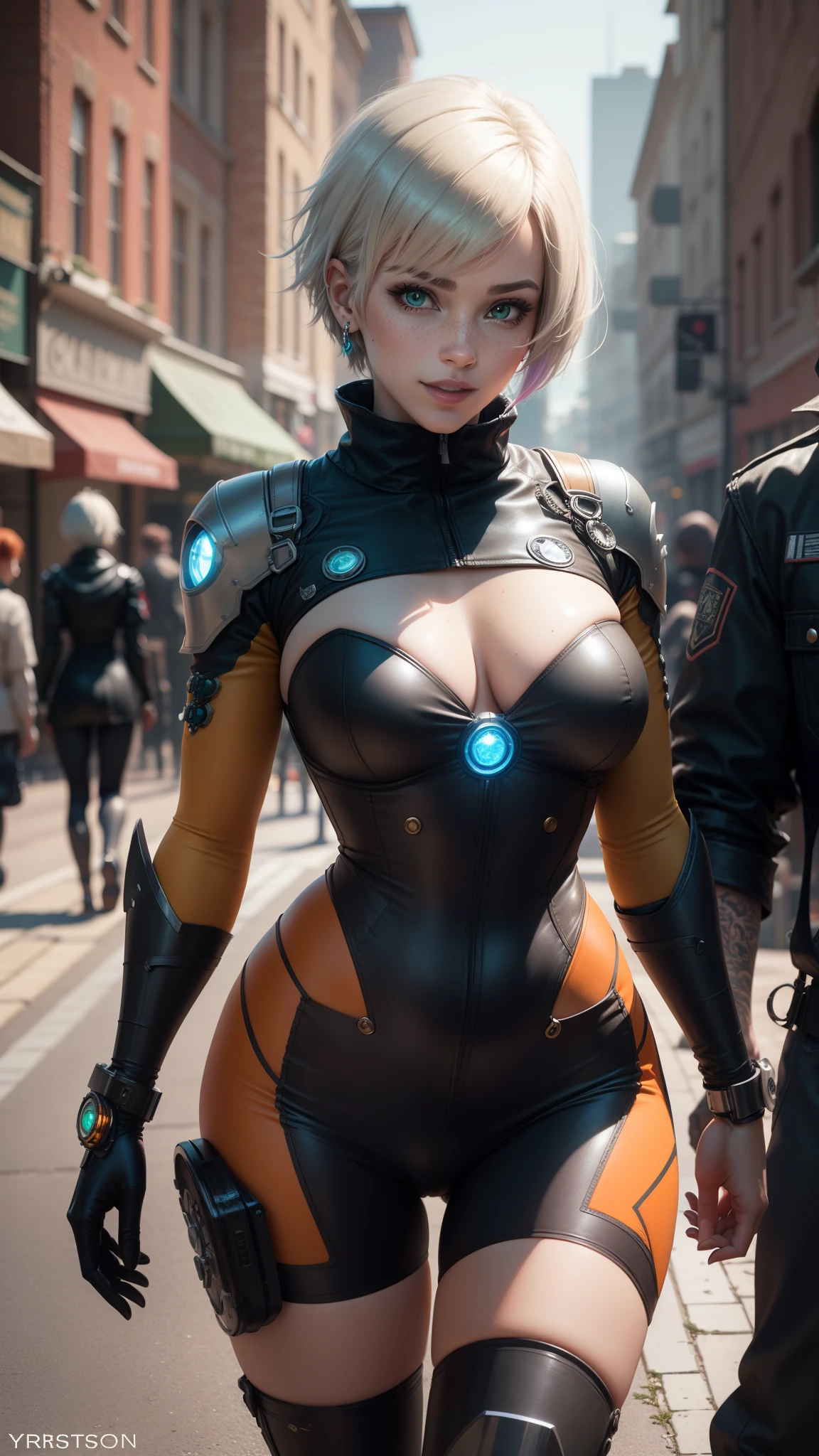 gwen tennyson,yorha 2b,tracer,rebecca chambers,overwatch,gundam,close up,christmas village,tattoos,orange plugsuit,short sleeve pilot leotard,short sleeve cyborg pilot jacket,orange sport leggings,mech pilot leather corset,short hair,punk makeup,green eyes,multicolored silver hair,sexy smile,freckles,beautiful girl,large breasts,8k,ultra detailed,realistic,fantasy art,steel armor,cyborg armor,steampunk armor,military pilot uniform,steampunk scarf,hair pin,ear piercings,christmas tree,punk hand and neck jewelry,walking,(weather:windy),arc reactor,