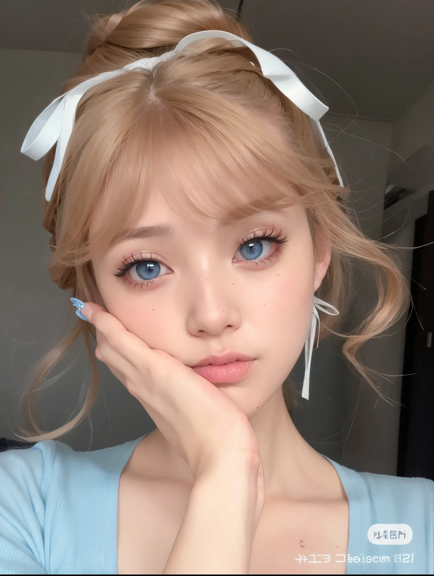 un primer plano de una mujer con una camisa azul y un lazo blanco, maquillaje popular de Corea del Sur, Linda cara de anime natural, Retrato realista kawaii, maquillaje coreano popular, ulzzang, maquillaje suave, beautiful pale makeup, Cara linda clara, Joven y adorable rostro coreano, Bonita cara de anime, Linda chica kawaii, maquillaje pastel, Beautiful aesthetic face, pale round face