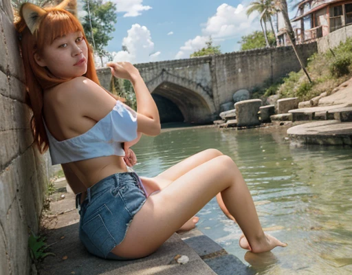 (disable censorship), (real photo), (masterpiece), (high detail), 8k, cute asian girl with pink-orange hair and fox ears, looking over her shoulder, perfect legs, barefoot