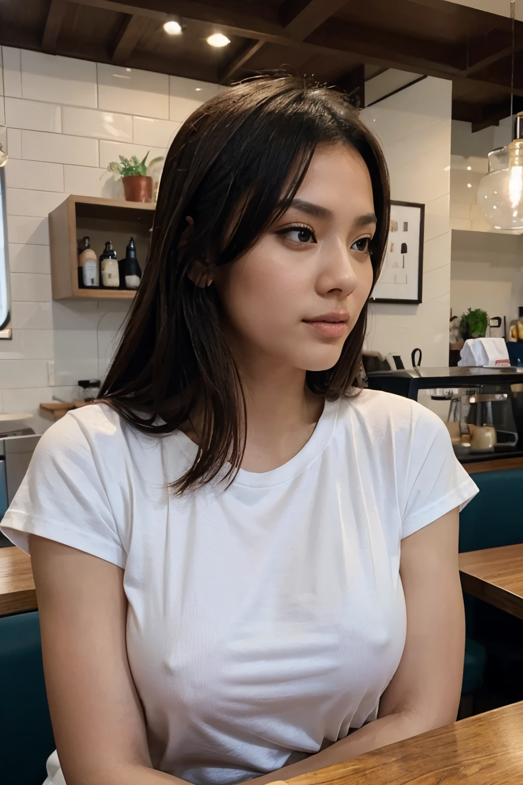 Asian brunette white t shirt chilling in a coffee shop