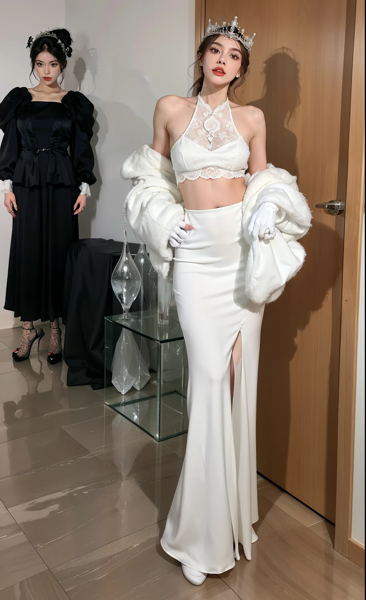 Imperial sister,A detailed eye,Snow Queen,put the crown on your head,Detailed facial expressions,Ripe body,Tall figure,the number,legs long,4K,k hd,fleshy feeling,White translucent lace,Fair and plump figure,Nice face,Cherry small mouth,beautiful and delicious(3D royal sister),a plump buttocks,gloss gel coat,Vampire queen wears luxurious dress,of Crystal Gems