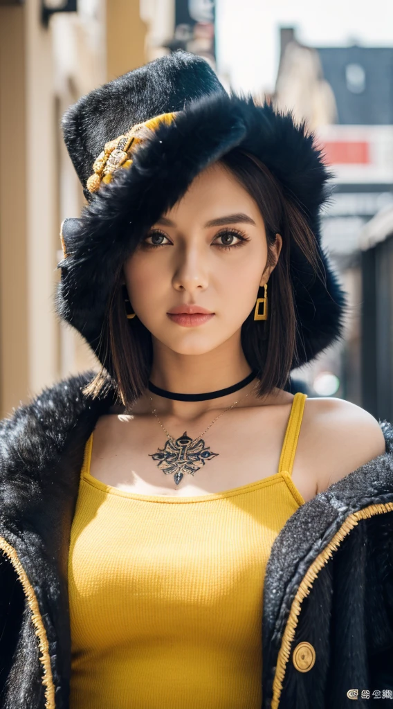masterpiece, best quality, 8k,highestres, absurdres, extremely detailed, female trafalgar law, 1girl, 1sword, solo, looking at viewer, short hair, medium breasts, hat, navel, cleavage, collarbone, earrings, midriff, pants, coat, fur trim, denim, jeans, shoulder tattoo, hand tattoo, finger tattoo, black fur-trimmed coat, coat on shoulders, yellow tank top,///,
