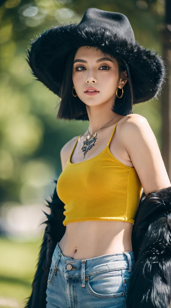 masterpiece, best quality, 8k,highestres, absurdres, extremely detailed, female trafalgar law, 1girl, 1sword, solo, looking at viewer, short hair, medium breasts, hat, navel, cleavage, collarbone, earrings, midriff, pants, coat, fur trim, denim, jeans, shoulder tattoo, hand tattoo, finger tattoo, black fur-trimmed coat, coat on shoulders, yellow tank top,///,
