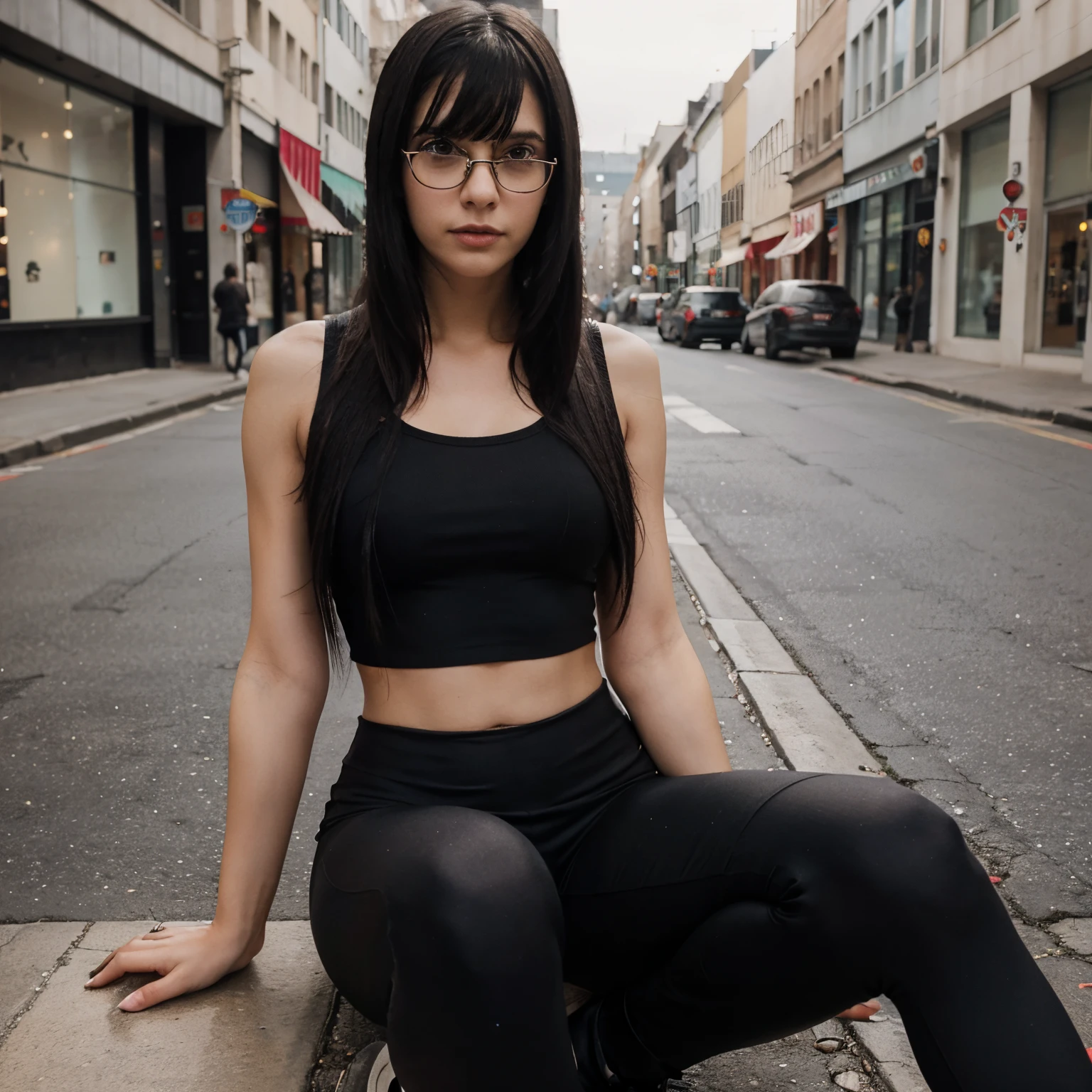 Emo girl, with black chest length hair with chin length bangs, black and red glasses. Black crop top and leggings, and combat boots