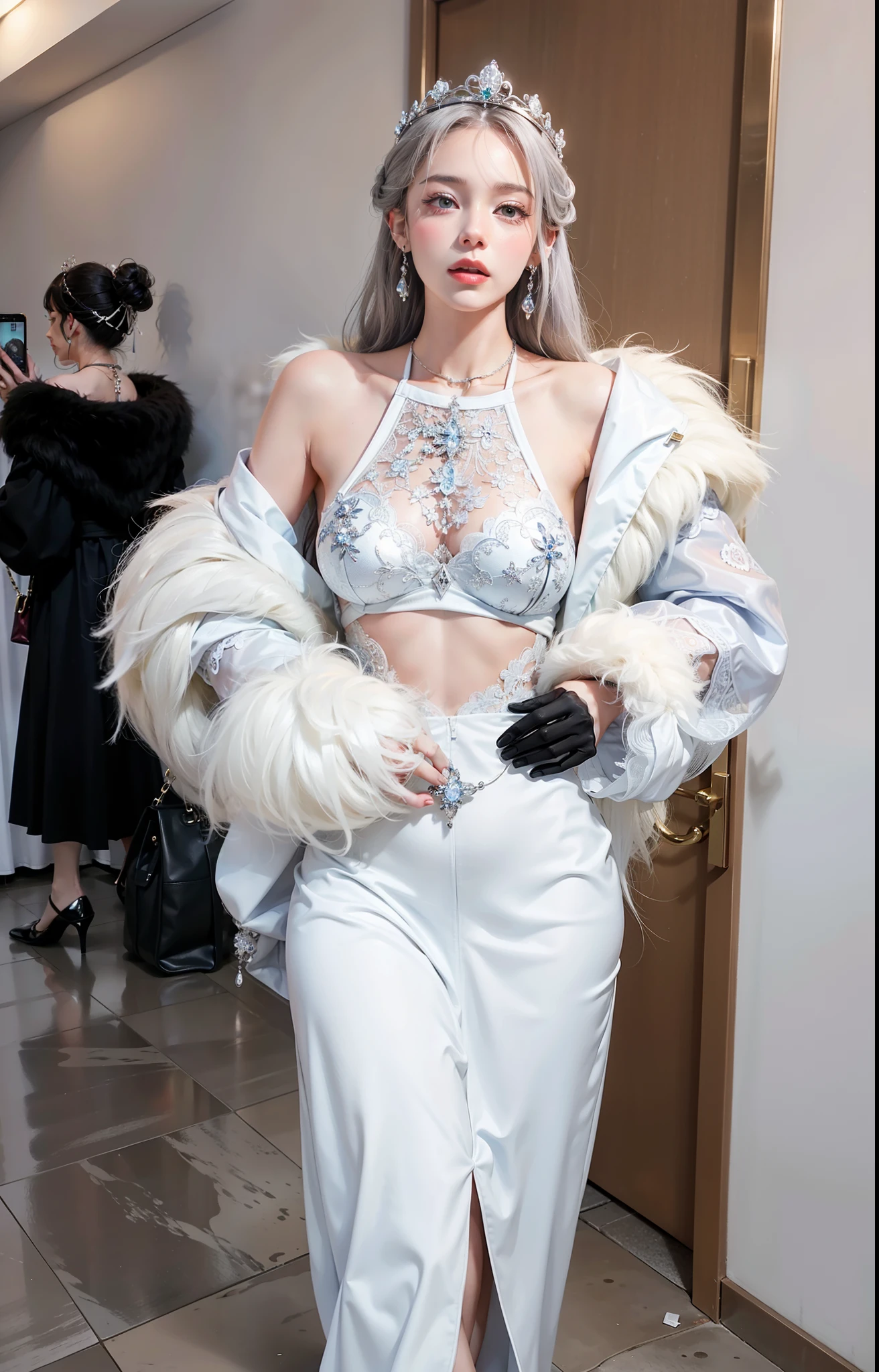 Imperial sister,A detailed eye,Snow Queen,put the crown on your head,Detailed facial expressions,Ripe body,Tall figure,the number,legs long,4K,k hd,fleshy feeling,White translucent lace,Fair and plump figure,Nice face,Cherry small mouth,beautiful and delicious(3D royal sister),a plump buttocks,gloss gel coat,Dress luxuriously,Gem Diamond Crown