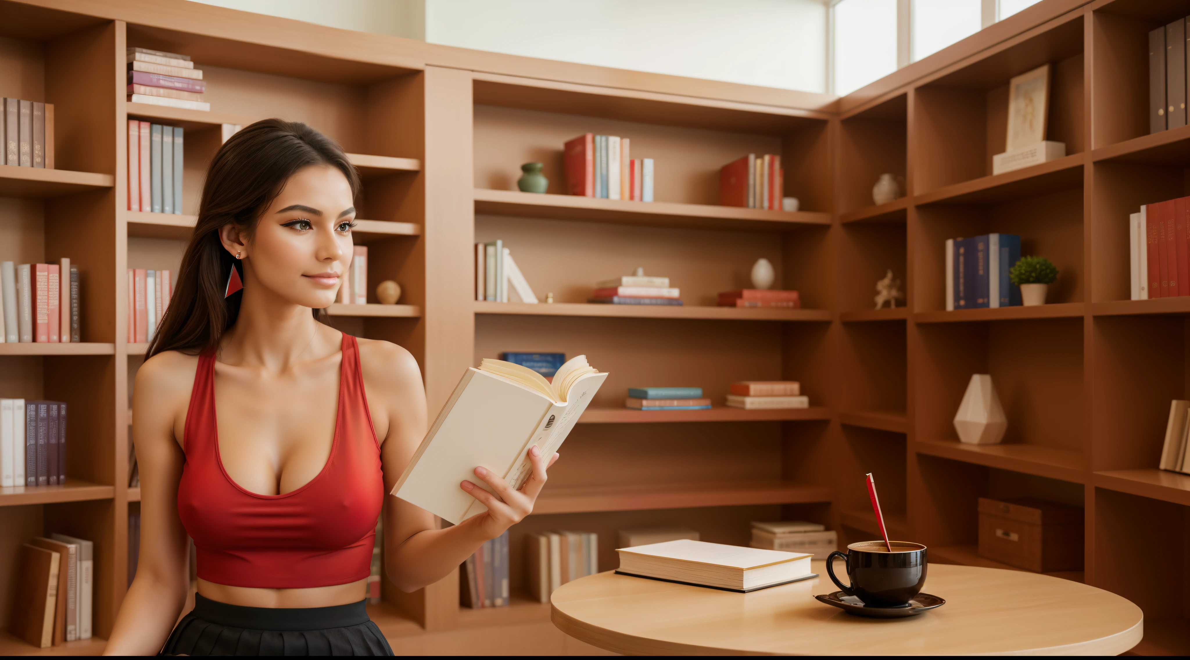 (((a girl alone in the library))),((full-body, cinematic-shot)),(best quality,4k,8k,highres,masterpiece:1.2),ultra-detailed,(realistic,photorealistic,photo-realistic:1.37),(beautiful and aesthetic:1.2),vibrant color,(film grain:1.3).

(((1girl))),(((solo))),((1 person)),(17years-old),[Johana-Martirio-Triana],((sharp focus:1.5)),pearl skin,(skin pores:1.1),beautiful detailed eyes,beautiful detailed lips,extremely detailed eyes,longeyelashes,extremely detailed face and skin texture,(skin texture:1.1),black hair,tall and slender body,(192cm tall),thin and delicate figure,graceful posture,flawless skin,defined abs,perfect curves,feminine appearance,beautiful long legs,embodying elegance and beauty,(cleavage breasts,large breasts:1.4),((wearing a (red:1.4) tank-top with a (red) ultra-short miniskirt:1.4)),extremely detailed and realistic (red) clothes, (shiny skin),(earringeathers:1.5).

[aesthetic library,modern,books,bookshelves,artificial lighting,contemporary design,large windows,natural light,wooden floors,modern interior,modern furniture,plant decorations,colorful book covers,organized,quiet,peaceful,serene atmosphere,art prints,reading chairs,coffee tables,artificial fireplace,bookmarks,painting hanging on the wall,bookworm,inspiration,creativity,no noise,beautiful scenery outside the windows,a cup of coffee,small tables for notes and pencils,thought-provoking quotes,keycard access,architecture,architectural elements,vibrant colors,tradition fusion with modern,eclectic,modern art,art appreciation,art exhibitions,splashes of color,calmness,serendipity,relaxing music,modern sculptures,art installations,creative space,artistic inspiration,contemporary novels,classic literature,display shelves,modern classics,open space,reading nooks,sunlight pouring in,homely,casual,unconventional design,artistic.]

Official art,extremely detailed,(fractal art:1.1),(colorful:1.1),(many colors:1.4),Angelic ethereal beauty,studio photography,professional photography.