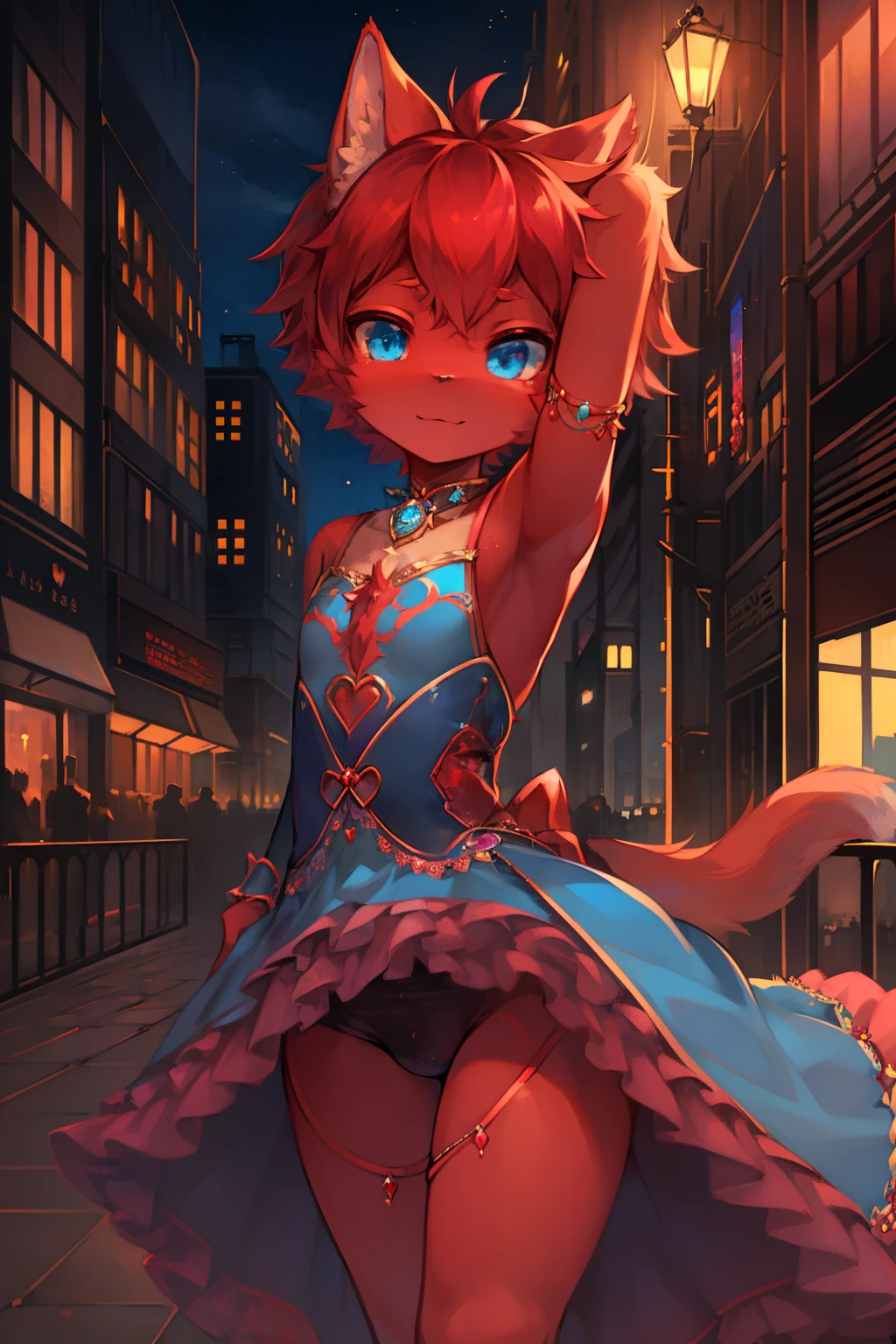 masterpiece, soft shading, 1boy, Furry, furry cat, anthropomorphic, male, red fur, red skin, blue eyes, magical girl theme, revealing clothes, blue magical girl outfit, magical girl dress, sexy outfit, femboy, sexy pose, uploaded on e621, city, day time,