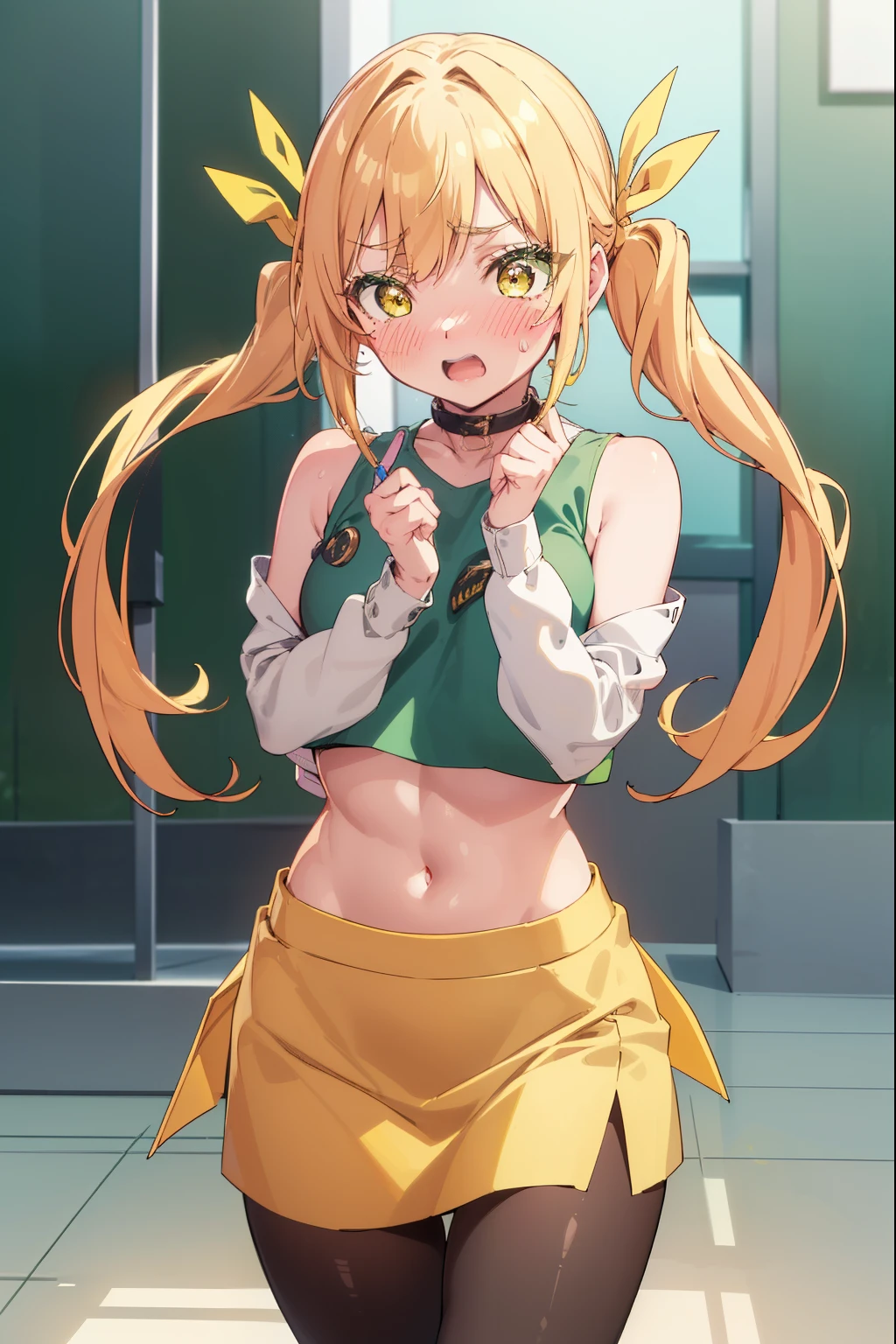 karaneinda, karane inda, blonde hair, (yellow eyes:1.5), hair ribbon, twintails, low twintails, long hair, (green ribbon:1.2), open mouth, embarrassed, (((blushing))),
((Crop top)), sleeveless, nude, off shoulder, mall, shopping, ((pencil skirt)), ((tights)), small boobs, embarassed, blushing, looking at viewer, (cowboy shot:1.5), (masterpiece:1.2), best quality, high resolution, unity 8k wallpaper, (illustration:0.8), (beautiful detailed eyes:1.6), extremely detailed face, perfect lighting, extremely detailed CG, (perfect hands, perfect anatomy),