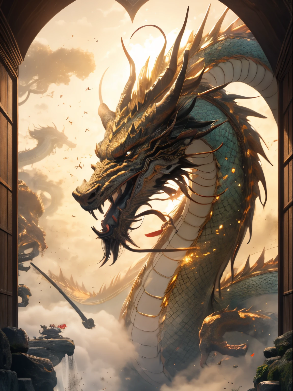 chinese dragon,close up,oriental architecture,eastern garden,cloudy and smoke,abstract dream, space, intricate, grand scale, alone, cinematic film still, insane detail, sharp focus, depth of field, realistic lighting, (realistic perspective), complex, (multiple subjects), 4k HDR,