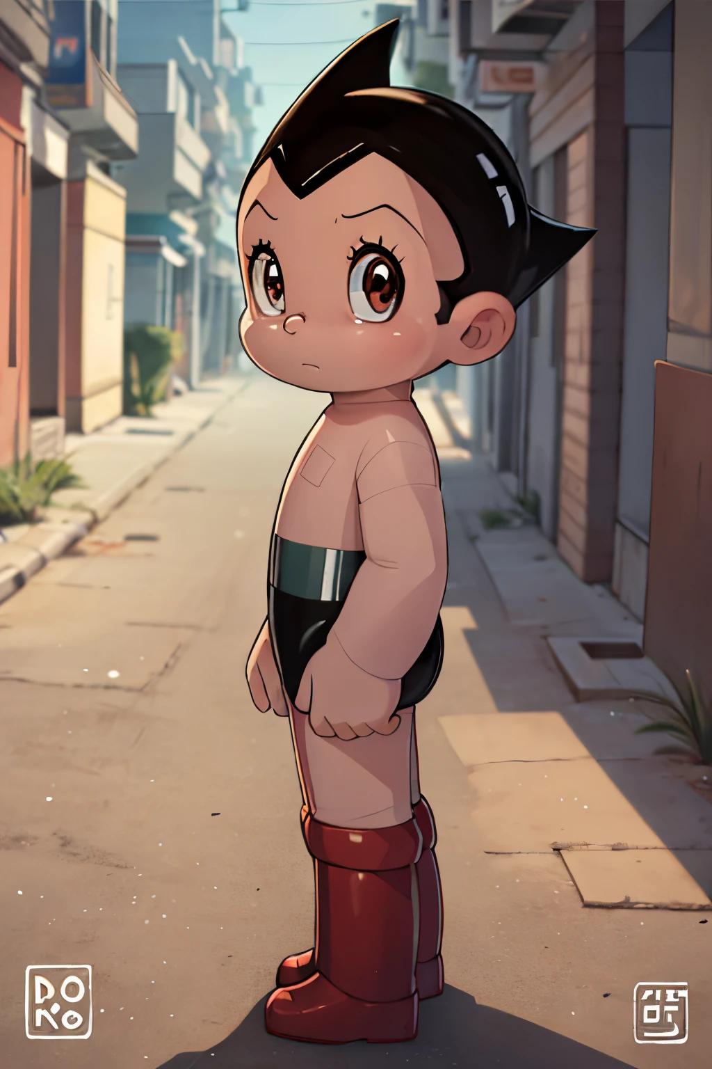 High quality close up of Astro Boy standing on a deserted street, back facing the viewer, head turned towards the viewer