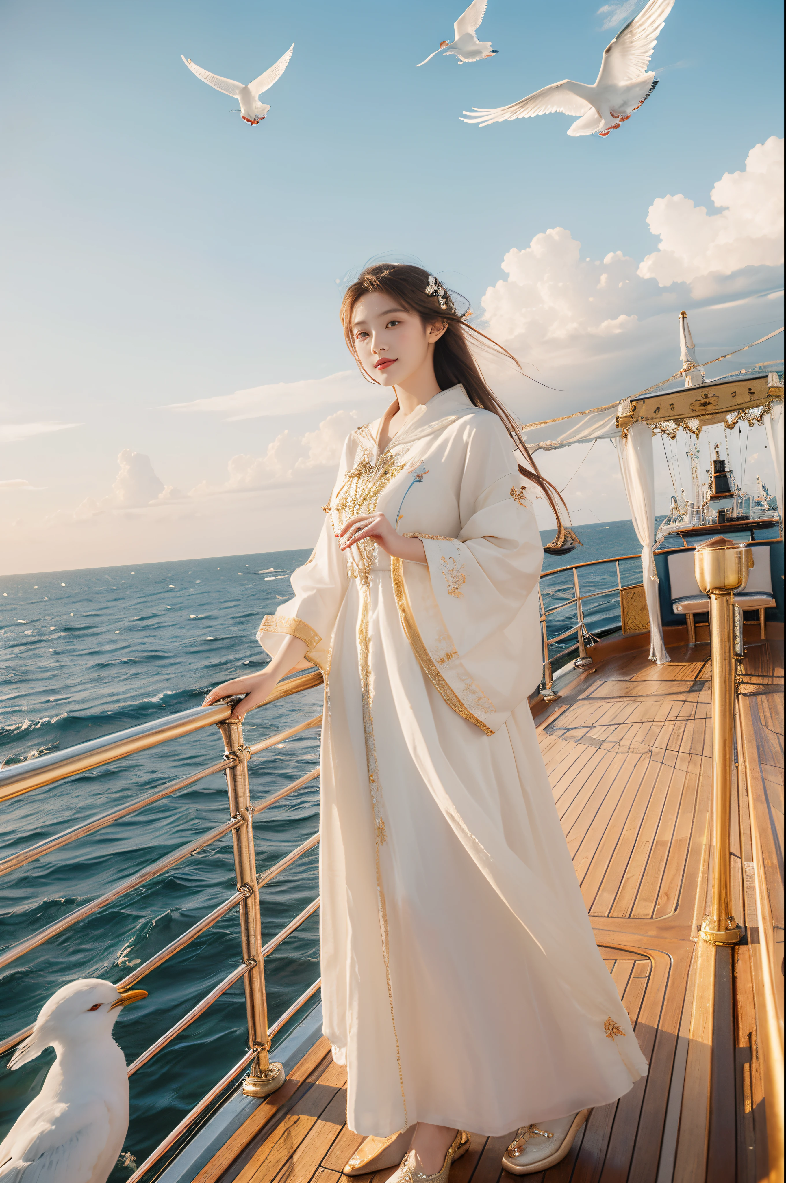 (((tmasterpiece, Best quality, k hd, high detal)))), ((((Fantastical))), Yoon, (elf woman)))), (Short white dress embroidered with gold embroidery), (Blonde hair with long straight hair), (shiny dark green eyes), (Gold embroidered white ruffled shirt), The large, (((On the deck of a sailing ship at seast sea))), (There are clouds visible in the sky)), (( Seagulls fly in the sky)), ssmile, (light wind), light particles flying