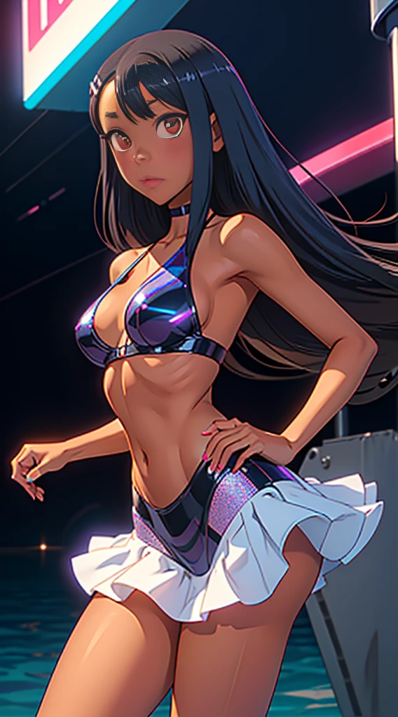 nagatoro hayase, hair ornament, brown eyes, hairclip, (dark skin, dark skinned female), black hair, (gyaru bimbo), thin toned body, long legs, thick thighs, narrow waist, wide hips, beautiful detailed face, detailed body, detailed eyes, (holographic long skirt, neon bathsuit)