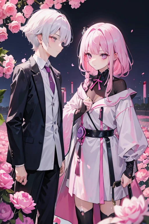 A pink haired female teenage reaper with violet eyes is handing a peony to a white haired male teenager with ruby eyes in a field of peonies.