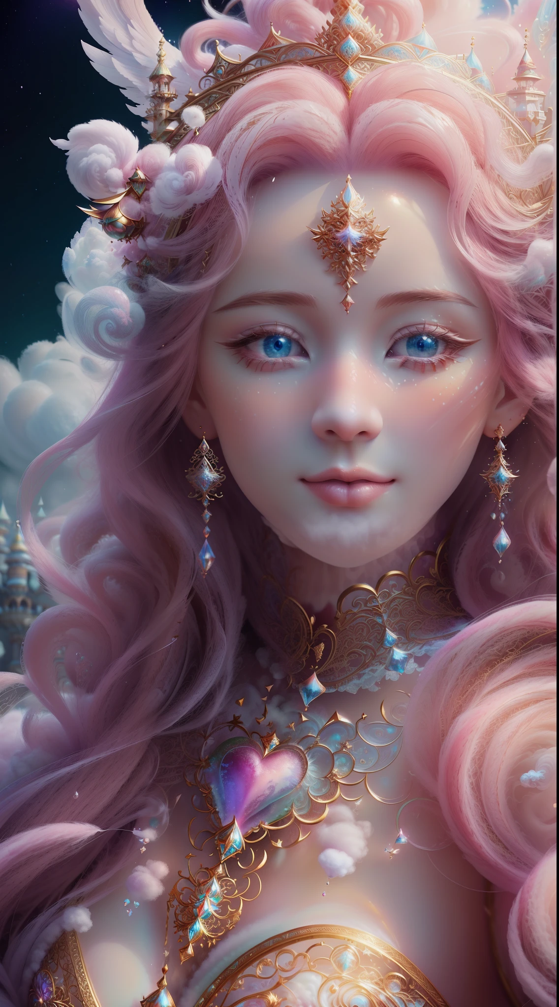 Cotton Candy Queen Women Goddess 8k Resolution Rendered Hyper Realistic Intricate Detail lives in an frosty heart shaped  bubble, a fanciful place filled with castles, cotton candy, swans lakes and fluffy clouds, An intricate visual representation of computer programing, rendered in 24k resolution with intricate details and symbols.