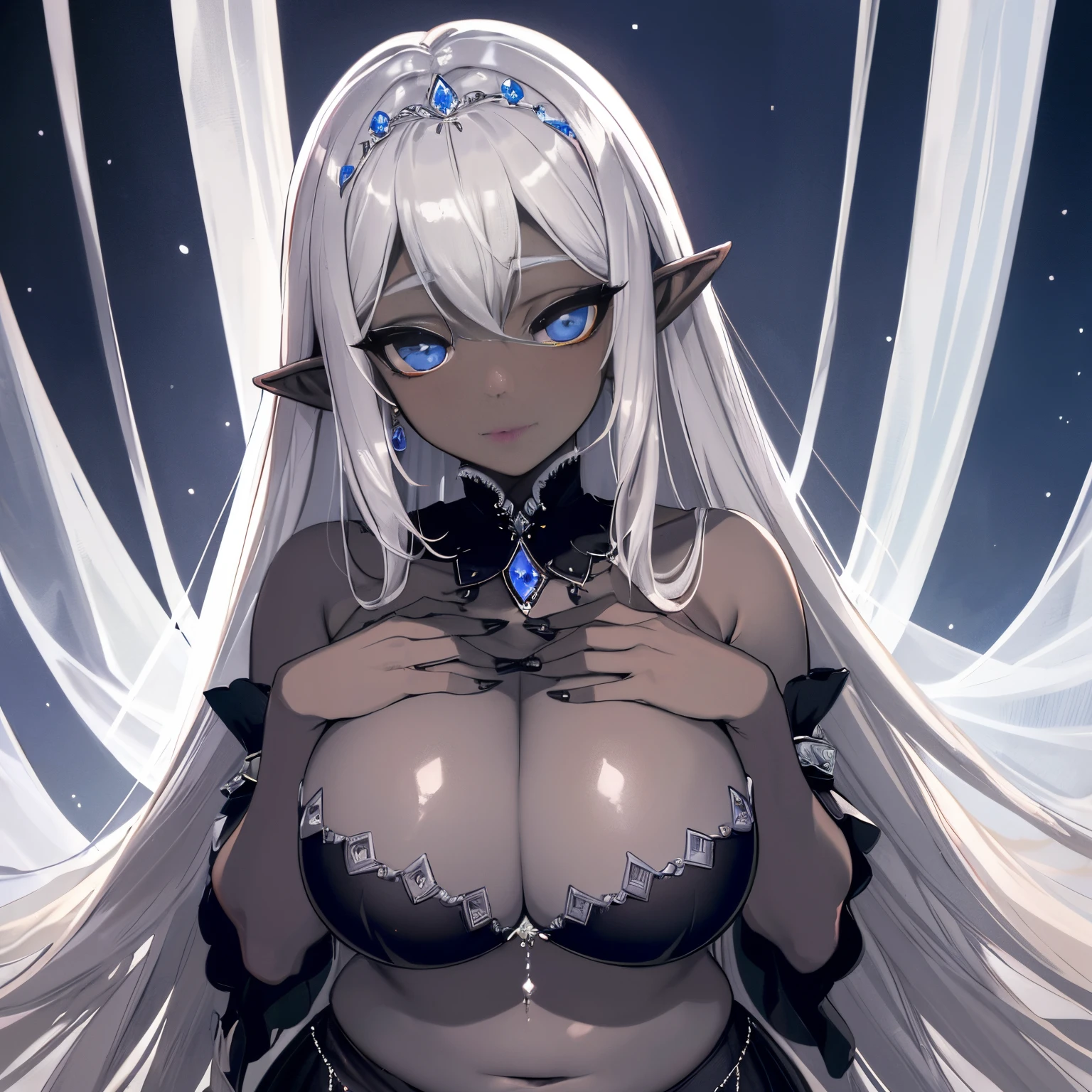 1 girl Big dark-skinned elf, grey hair, hot figure, big beauty, delicate and beautiful face, full body portrait, big eyes, beautiful face, big, transparent tulle, sexy and alluring, plump body, hands on chest, perfect body proportions