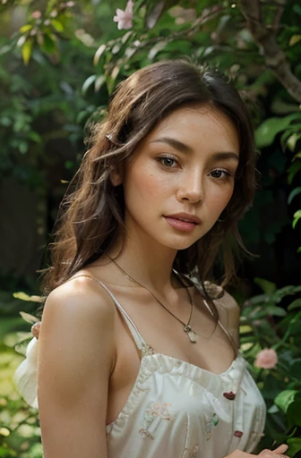 (best quality,4k,8k,highres,masterpiece:1.2),ultra-detailed,(realistic,photorealistic,photo-realistic:1.37),beautiful,pensive brunette woman,soft lighting,hazel eyes,delicate facial features,natural makeup,gentle smile,subtle blush on cheeks,
flowing dark hair cascading down her shoulders,slim nose and refined brows,gently sloping shoulders,
graceful neck adorned with a delicate necklace,airy,lightweight dress in pastel colors,subtle floral patterns on the fabric,
soft sunlight filtering through the foliage of a lush garden,flowers blooming in vibrant hues around her,
a serene expression on her face,expressing a mix of tranquility and curiosity,
a slight breeze gently rustling her hair,a robin perched on a branch nearby,its song adding to the peaceful atmosphere,
the woman stands amidst the garden,her posture relaxed and graceful,hands lightly brushing against the petals of a rose,
a hint of mist hangs in the air,creating a dreamy and ethereal ambiance,
the scene exudes a sense of quiet beauty and timeless elegance,immersing the viewer in a moment of delicate tranquility,
artistic brushstrokes create a soft and evocative visual effect,adding depth and richness to the composition,
subtle pops of color add vibrancy to the overall scene,with hints of soft pinks,blues,and greens,
the gentle interplay of light and shadow creates a captivating play of textures,highlighting the intricate details of the woman's features,
the artwork transports the viewer to a captivating world where beauty and nature converge in perfect harmony.