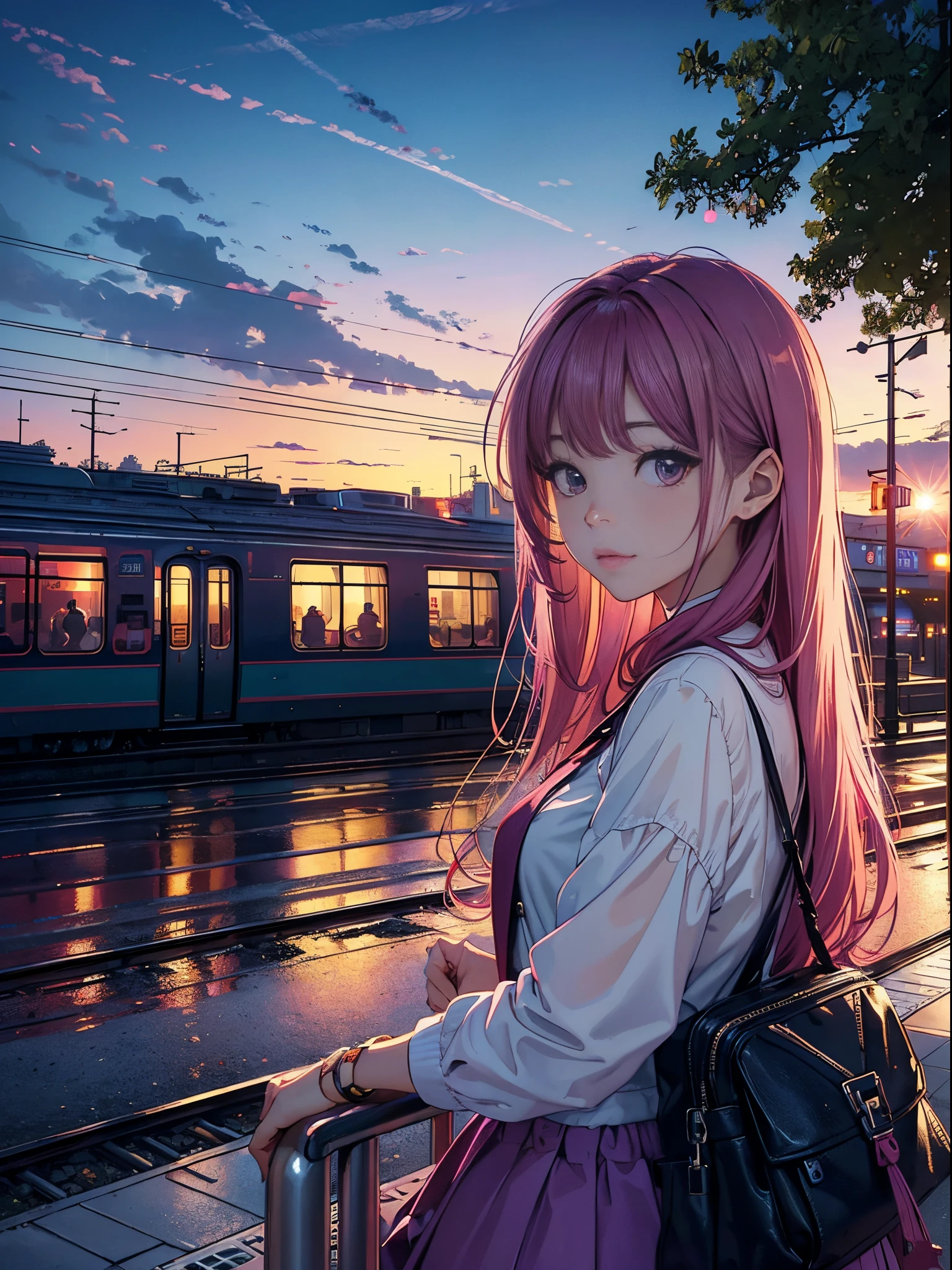 magenta tint、Vibrant colors、((tmasterpiece)))、(((quality)))、((ultra - detailed))、(Surreal)、(Very detailed CG illustration）、offcial art、CD cover、It will be、midsummer、The glorious 1960s、1 girl，Cool beauty、cochetti gorgeous、incomparable beauty、Hair color、Rock music、jaqueta de couro、Superskirt、perfect angle、Perfectcomposition、(natta，trains站，trains，Yunxia)，