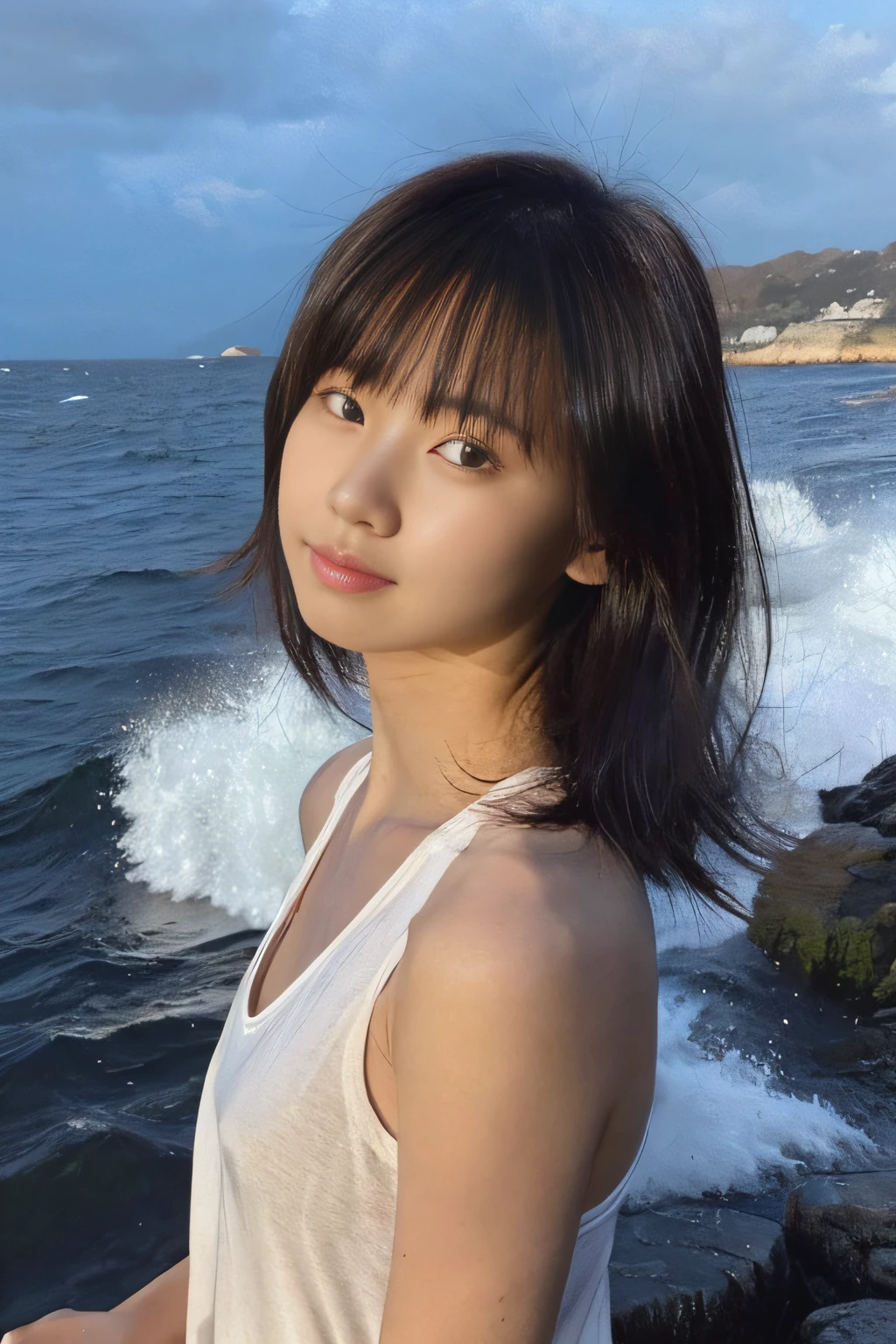 ((of the highest quality)),((masutepiece)),((Very beautiful)), unique light and shadow, One girl, hair messy, Realistic skin texture, strong breeze, Rain, Rocky Shore, rough sea, Feminine pose