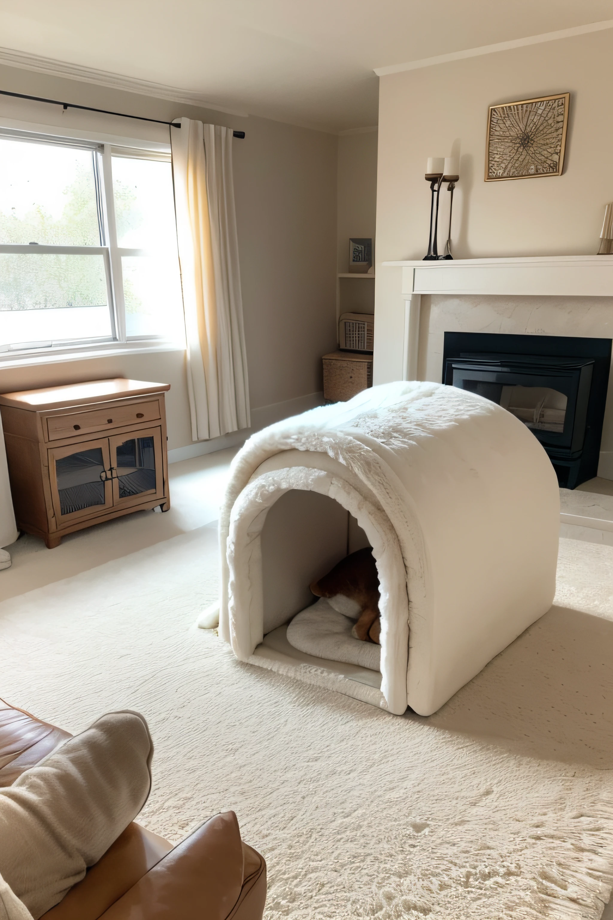 Warm-toned living room with doghouse and white fur rug