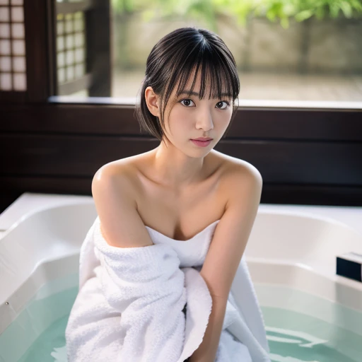 1girl in, Solo, (masutepiece, Best Quality, 8K, Photorealistic, Real Girl, mulberry: 1.37), （On the bet:1,6)、Looking at the viewer, Full body visible from close range, Cute 18-year-old Japan, Slender figure: 1.1, Small breasts, Sitting, Double eyelids, drooing eyes, dark room wet with sweat, Body wet with sweat: 1.2): 0.2, ( White oversized towel fabric dress, Strapless: 1.2), fried body shape, makeup, gloss lips, Focus on Face, a small face, Sharp Focus, layered cut, Facing the viewer, , Shot from the front, Bright lighting、((Best Masterpiece)), ((top-quality)), ((realisitic)), ((8K)), 1 rapariga, bath towels,（Winding on the body:1,6)、 japanes, 24 years old, ultra beautiful, cute little, modeled, full body Esbian, A slender, modeled, Super Luxury Hotel, Sony SLR Photography, Shorthair, ｃcups, looking in camera,A smile, Background Realistic,  art by, a picture,