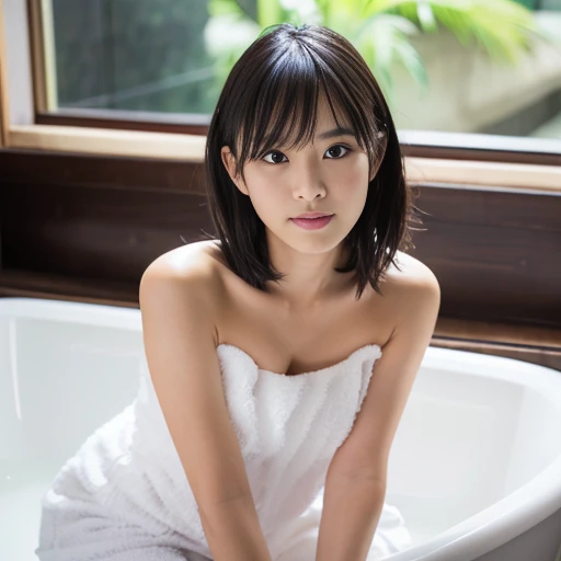 1girl in, Solo, (masutepiece, Best Quality, 8K, Photorealistic, Real Girl, mulberry: 1.37), （On the bet:1,6)、Looking at the viewer, Full body visible from close range, Cute 18-year-old Japan, Slender figure: 1.1, Small breasts, Sitting, Double eyelids, drooing eyes, dark room wet with sweat, Body wet with sweat: 1.2): 0.2, ( White oversized towel fabric dress, Strapless: 1.2), fried body shape, makeup, gloss lips, Focus on Face, a small face, Sharp Focus, layered cut, Facing the viewer, , Shot from the front, Bright lighting、((Best Masterpiece)), ((top-quality)), ((realisitic)), ((8K)), 1 rapariga, bath towels,（Winding on the body:1,6)、 japanes, 24 years old, ultra beautiful, cute little, modeled, full body Esbian, A slender, modeled, Super Luxury Hotel, Sony SLR Photography, Shorthair, ｃcups, looking in camera,A smile, Background Realistic,  art by, a picture,