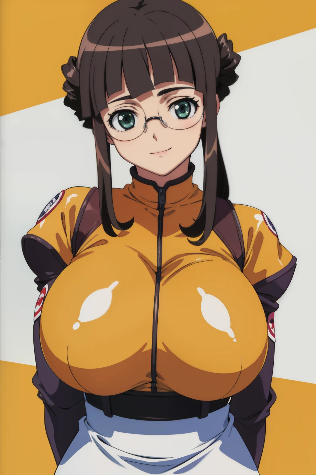 best quality, high resolution, 1girl, fujisawa yayoi (uchuu no stellvia), (huge breasts:1.2), smile, white background, looking at viewer