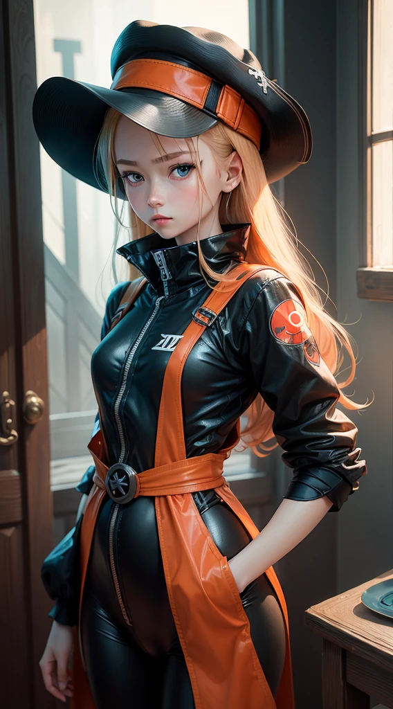 (A Masterpiece:1.4、maximum quality)、(intricate detail)、Unity8k wallpapers、ultra- detailed、Beautiful and mysterious、Detailed Background、Realstic、solo、Perfectly detailed face、Detailed blue eyes、highly-detailed、blushed、hair ornamen、Chignon mahogany hair、(Blonde hair)、Plug Suit 02,Shikinami Asuka Langley、Evangelion、Slender 15 year old girl、Eye patch with black strap over left eye、Full body suit、black back ground、On the waist、Pirate Hat、Patches on hats(💀)(Blue on white Red circle)