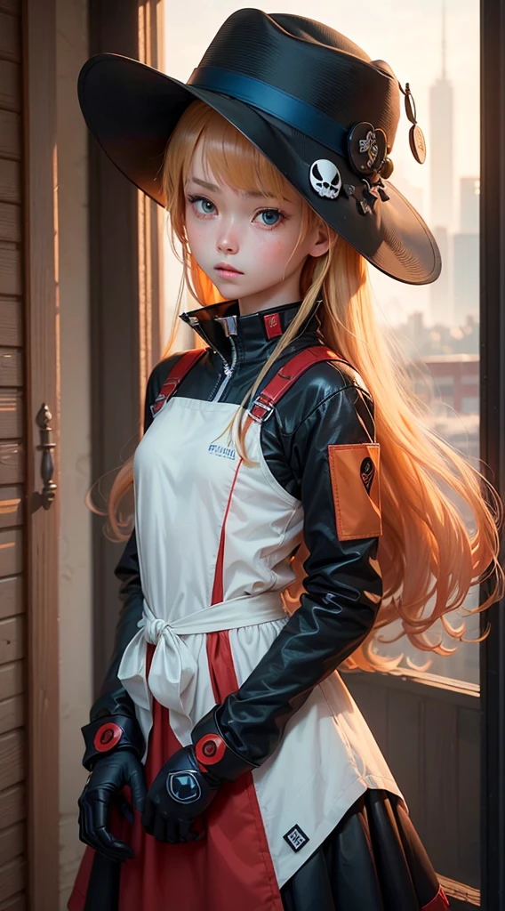 (A Masterpiece:1.4、maximum quality)、(intricate detail)、Unity8k wallpapers、ultra- detailed、Beautiful and mysterious、Detailed Background、Realstic、solo、Perfectly detailed face、Detailed blue eyes、highly-detailed、blushed、hair ornamen、Chignon mahogany hair、(Blonde hair)、Plug Suit 02,Shikinami Asuka Langley、Evangelion、Slender 15 year old girl、Eye patch with black strap over left eye、Full body suit、black back ground、On the waist、Pirate Hat、Patches on hats(💀)(Blue on white Red circle)