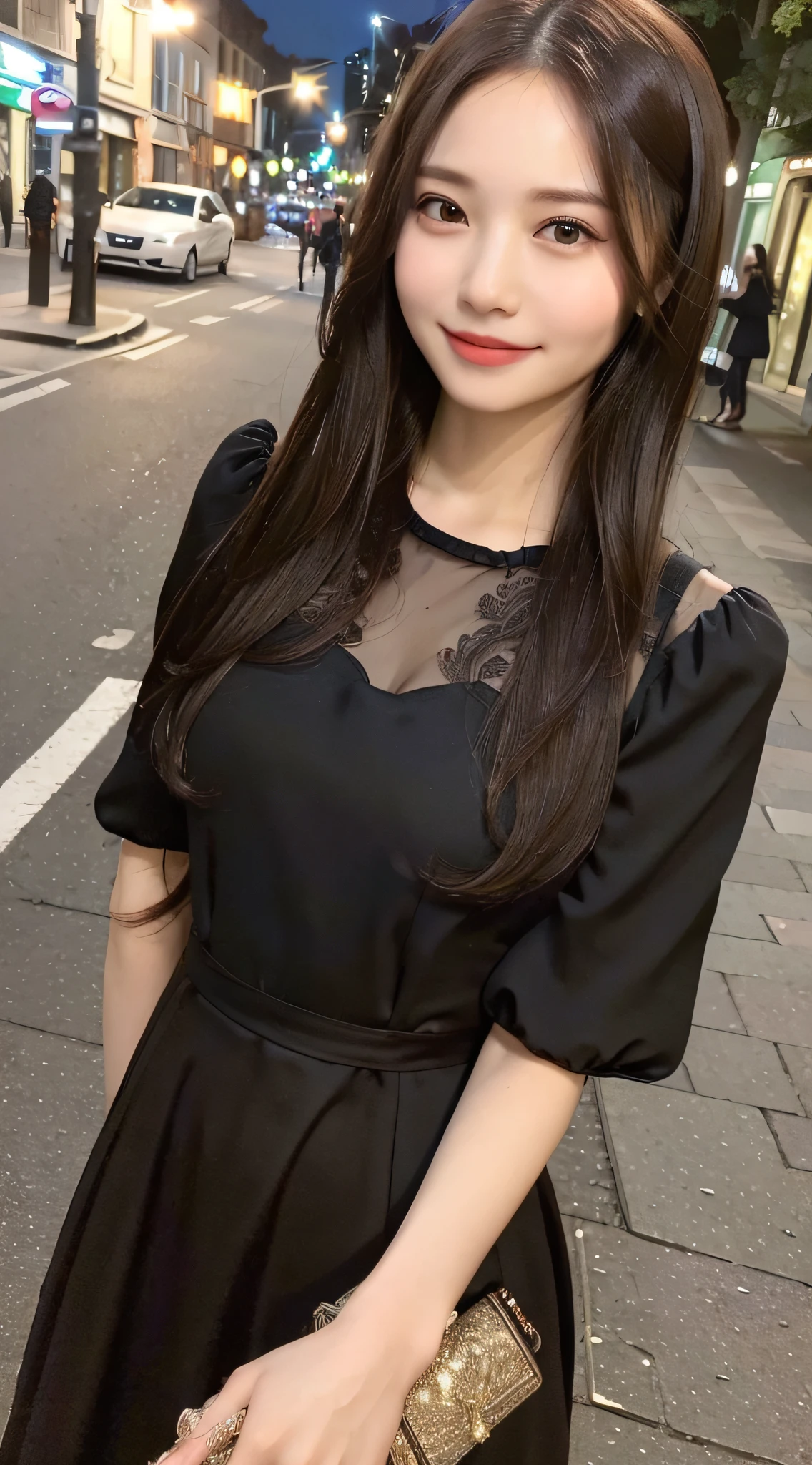 ((Best quality, 8k, Masterpiece :1.3)), 1girl, smiling, full body, slim face, Pretty woman, (Dark brown hair), full length dress :1.1, Ultra-detailed face, Detailed eyes, Double eyelid, blur background, slim face, city, outside, street,