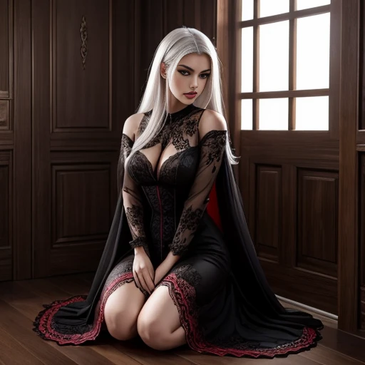 Woman in a black dress sitting on a wooden floor, rainha feminina vampira bonita, rainha vampira bonita, Beautiful elegant demon queen, feiticeira bonita, an elegant gothic princess, gothic maiden, uma bela feiticeira, beautiful female vampire, succubuedieval, beautiful sorceress female, gothic princess portrait, Succubus em vestido curto apertado,(master part), (best quality), Um vampiro, mulher vampira, com cabelo platinado, cabelos longos, cabelos pesados e platinados, pele muito branca, pele branca como a neve, olhos vermelhos, olhos de rubi.  [(Posar: sentado em um trono, pernas cruzadas, hands crossed on the knees,.(sentado de lado),(Ansioso), trono de seda, (Seda branca, seda vermelha)]. [(Vestido de gala), (decote grande), bordas irregulares, gothic and sexy style, seios marcados, pernas drapeadas com corte longo), salto alto,.SALTO STILETTO.)], [(The lighting: Volumetric lighting), luz de fundo, luz suave.- 4k