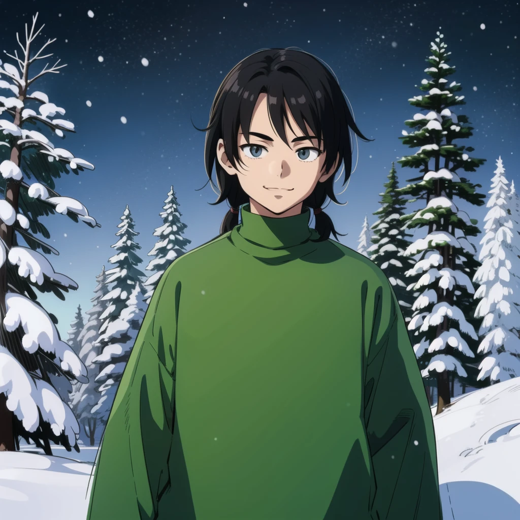 ((Sketch)) ((Manga style)) On the road, pine trees walk. Sweater. minimalistic background. a young boy with a long mullet haircut, big lips, and slanted eyes. Winter season, snow and pine trees on the streets. Christmas night. Smile