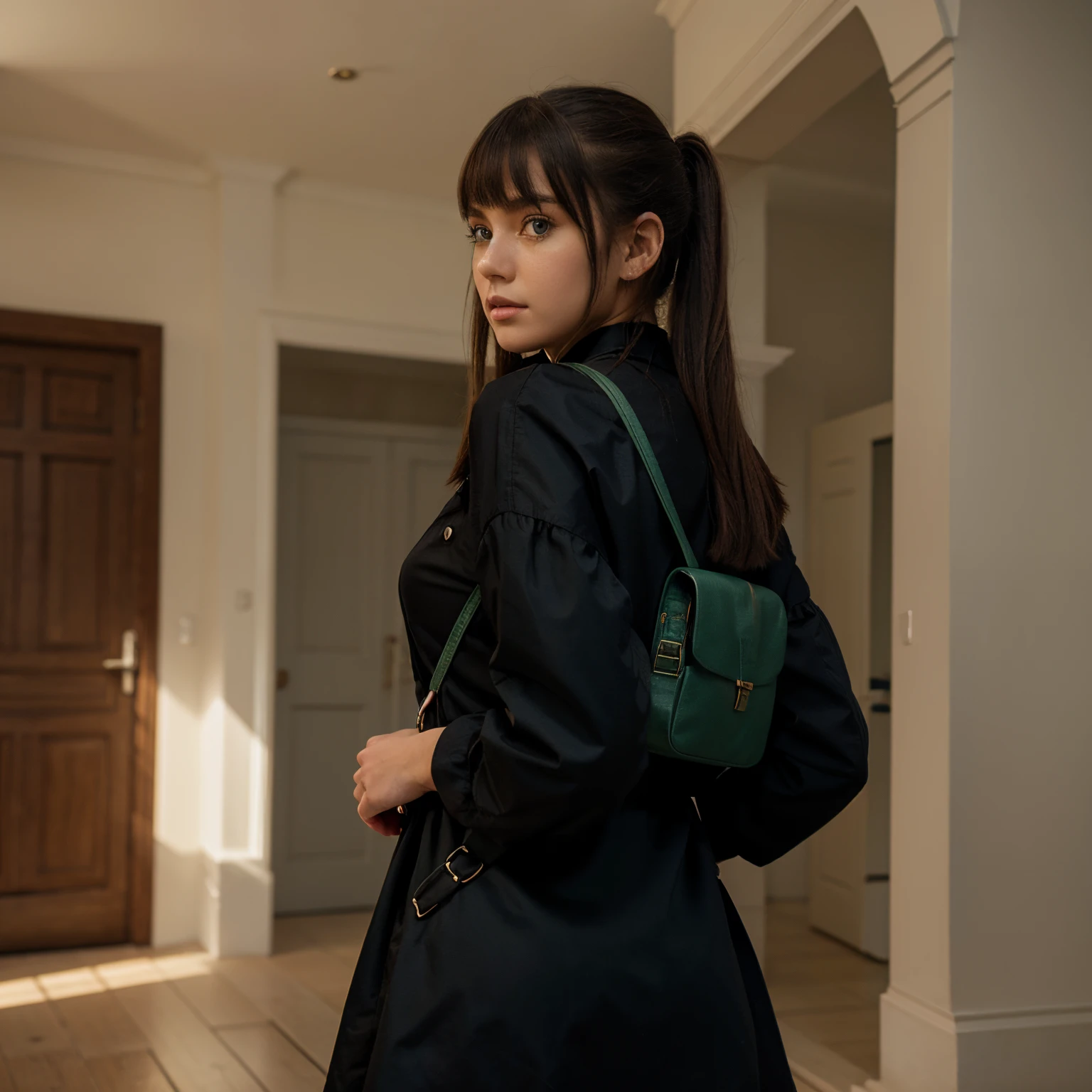 beautiful, masterpiece, best quality, extremely detailed face,  perfect lighting, 1girl, solo, sketch, marnie (pokemon), green eyes, asymmetrical bangs, backpack, bag, black choker, black jacket, blurry, blurry background, choker, closed mouth, dress, from behind, indoors, jacket, long sleeves, looking at viewer, looking back, off shoulder, pink dress, red bag, solo