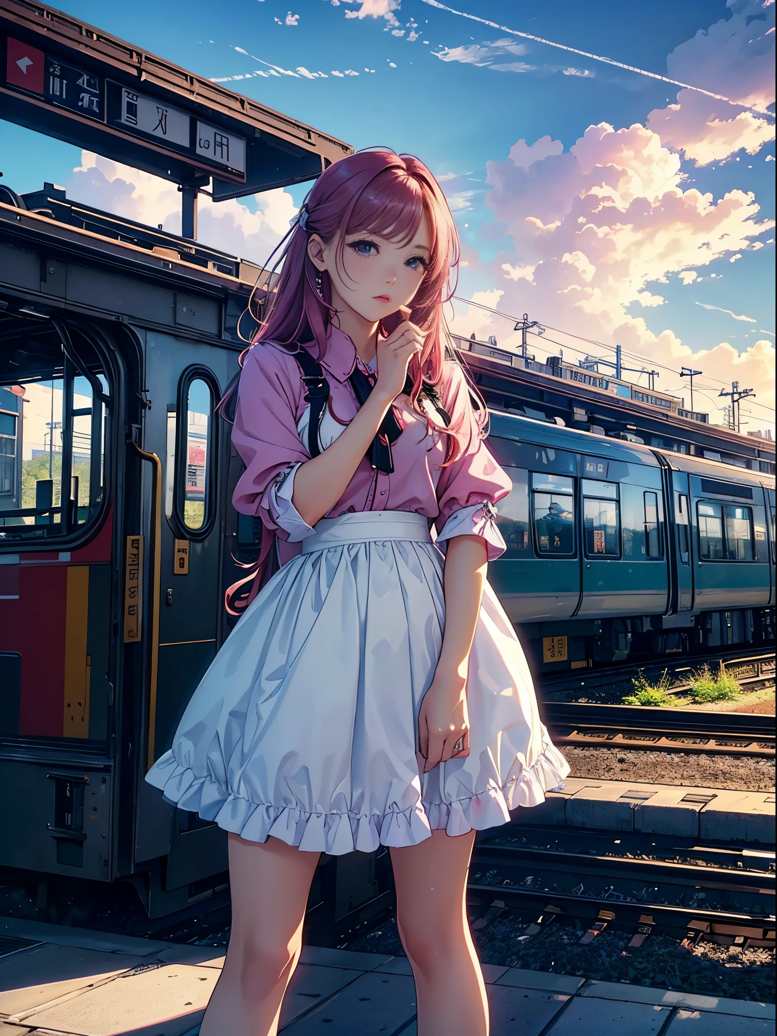 magenta tint、vivd colour、((tmasterpiece)))、(((quality)))、((ultra - detailed))、(Surreal)、(Very detailed CG illustration)、offcial art、CD cover、It will be、midsummer、The glorious 1980s、Cool beauty、cochetti gorgeous、incomparable beauty、Hair color、Rock music、jaqueta de couro、Superskirt、Women only、perfect angle、Perfectcomposition、(natta,Train station,trains,clouds),