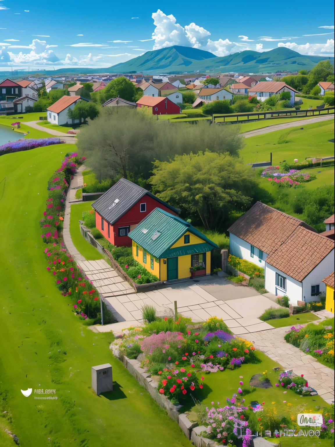 Aerial view of a small village，There are green lawns and colorful houses, small village, author：Carl Walker, swedish house, Real photos of a town, colorful houses, Midsummer Color Theme, small scandinavian!!! house, cottage town, author：Franz Haage, author：Leo Goetz, Scandinavian, author：Hans Schwarz, author：Hans Werner Schmidt, Beautiful images
