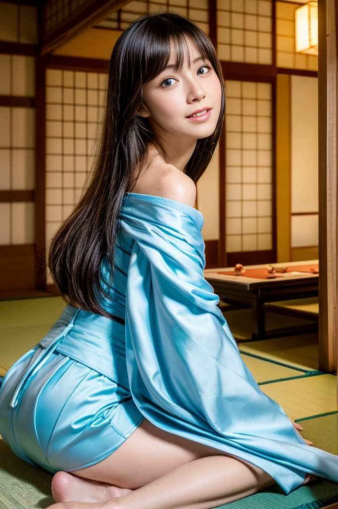 (masutepiece:1.Photoreal Stick:1.4, 8K), top-quality, ​masterpiece, 超A high resolution, Professional camera work, Grow Light Effect, Realistic portrait, Cinematic Light, Highly detailed skin and facial texture:1.Perfect dynamic composition, The ultra-detailliert, A detailed eye, Detailed limbs, (Japanese-style room in the Japan, formal hanging scroll, Hyakka Ryōran:1.5), 1girl in, 25-years old, cute sexy japanese slim woman, Fair skin, (Enraptured look:0.9, Totally captivates you:1.0), (Silver kimono:1.32 off shoulder), (voluptuous breasts:0.9), (Backshots, Calm pose), (Beautiful blue eyes, Eyes that feel beautiful eros:0.85), Sexy face:0.4, (A mouthfeel that feels beautiful eros:0.85), ((Too cute beauty:0.9))