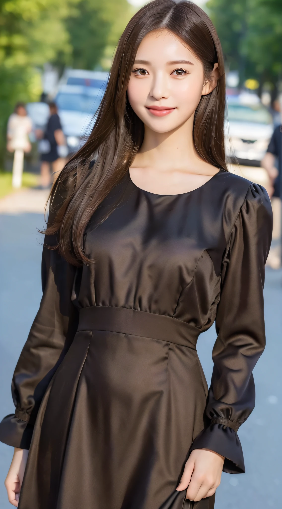 ((Best quality, 8k, Masterpiece :1.3)), 1girl, smiling, full body, slim face, Pretty woman, (Dark brown hair), full length dress :1.1, Ultra-detailed face, Detailed eyes, Double eyelid, blur background, slim face, city, outside, street,