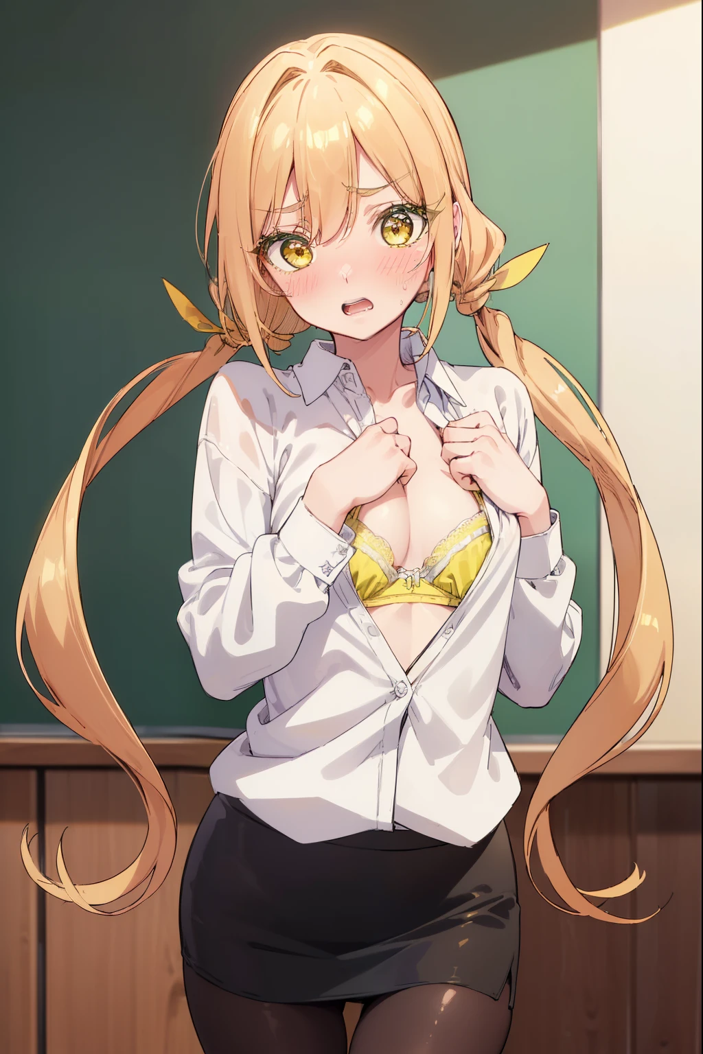 karaneinda, karane inda, blonde hair, (yellow eyes:1.5), hair ribbon, twintails, low twintails, long hair, (green ribbon:1.2), open mouth, embarrassed, (((blushing))),
((White shirt)), ((unbottoned shirt)), ((visible bra)), (office), desk, plants, ((black pencil skirt)), ((tights)), small boobs, embarassed, blushing, looking at viewer, (cowboy shot:1.5), (masterpiece:1.2), best quality, high resolution, unity 8k wallpaper, (illustration:0.8), (beautiful detailed eyes:1.6), extremely detailed face, perfect lighting, extremely detailed CG, (perfect hands, perfect anatomy),