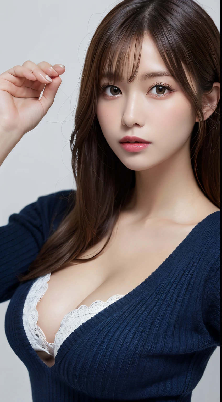 masutepiece, Best Quality, Illustration, Ultra-detailed, finely detail, hight resolution, 8K Wallpaper, Perfect dynamic composition, Beautiful detailed eyes, Natural Lip, Dark blue knitted dress , Big breasts, cleavage