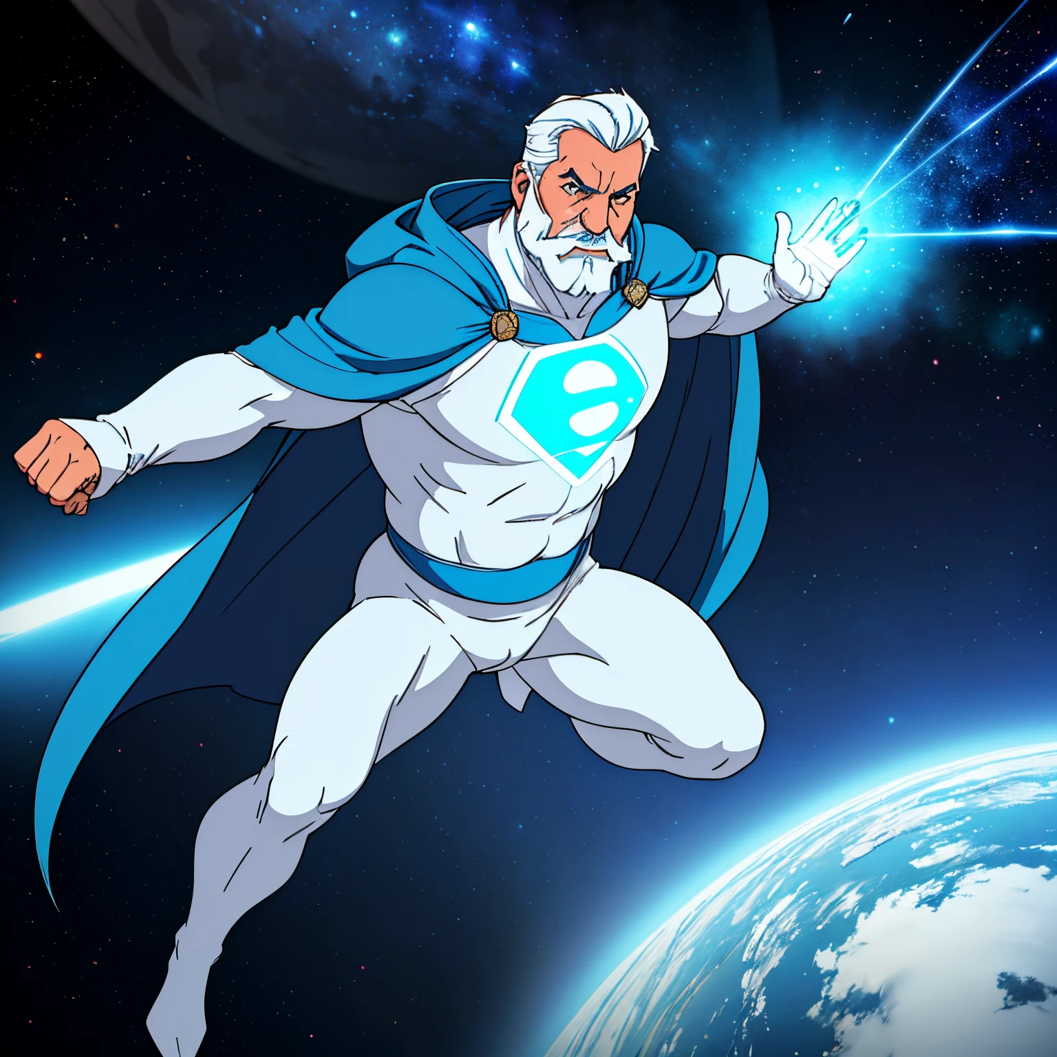 (A full body image of a white-haired old man in white cape, handle bar mustache, dad bod, wearing skin tight blue superhero costume with a giant L symbol on the chest: 1.2, background in space), (blue and white energy particle effects emitting around)