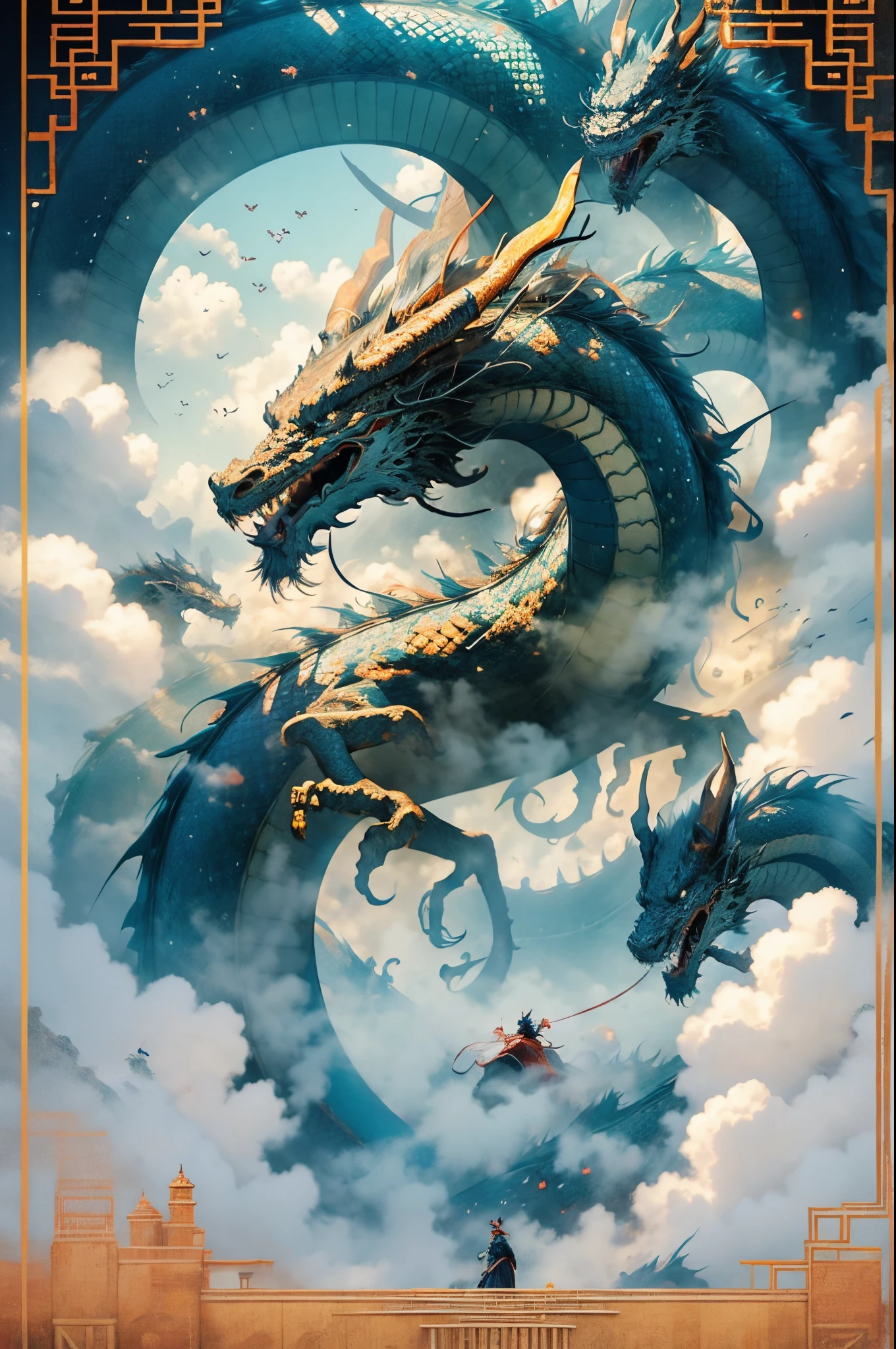 (masterpiece, best quality), best resolution, tapestry depicting a chinese dragon flying among the clouds, palace wall