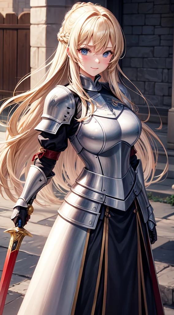 Female knight,female paladin,frontage,a smile,red blush,swordsmen,In front of the castle,a blond,The long-haired,straight haired